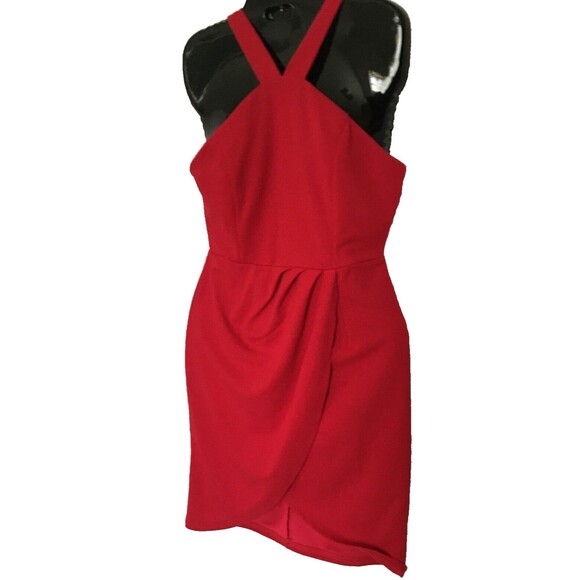 Women's Halter Crisscross Dress Size Small Red Knit Ruched Wrap Bodycon Mini D8 - Picture 4 of 8
